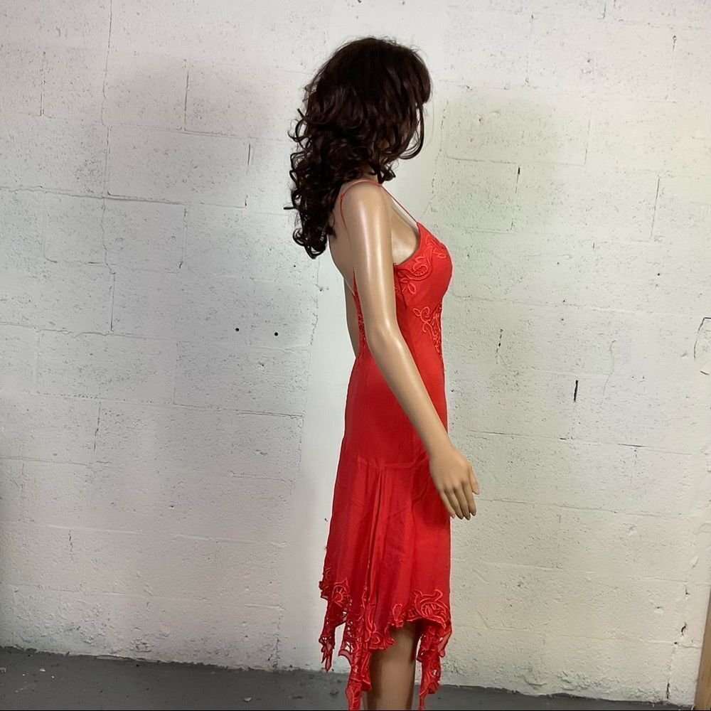 Sue Wong Orange Lace Sleeveless Asymmetrical Silk Babydoll Slip Midi Dress 4 - Picture 4 of 9